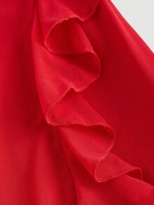 SHEIN MOD 秋季纯色宽松吊带褶皱荷叶边下摆吊带中长连衣裙，不对称下摆吊带红色多层荷叶边，西部风格 - 紅色 - 查看 4