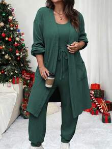 Vionelle 大码女式纯色落肩长袖夹克和腰带无袖连体裤休闲两件套，秋季 - 墨綠色 - 查看 6
