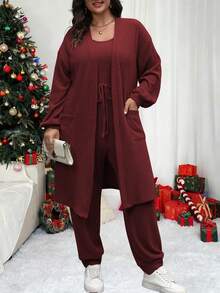 Vionelle Bộ 2 áo liền quần không tay màu trơn và áo khoác cardigan dài tay cho nữ - Màu Đỏ Sâu - Xem 6