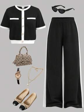 Girlism Conjunto formal y elegante de regreso a la escuela para adolescentes, blusa de contraste en negro y blanco con botones de perla y pantalones rectos