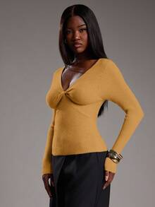 NYA SZN 长袖深V领扭结修身日常休闲商务休闲罗纹针织衫，适合教堂、办公室、教师返校季、秋冬季通勤穿着。 - 黃色 - 查看 6