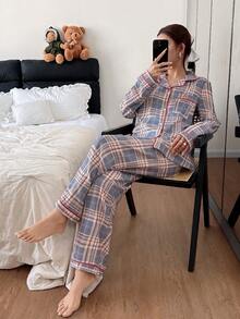 Snug Zone 格纹撞色滚边翻领上衣和裤子睡衣套装，冬季服装 - 彩色 - 查看 7