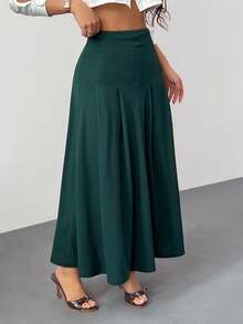 SHEIN PETITE 女士纯色半身裙 绿色长款宽松优雅高端款，适合秋冬季穿着 - 軍綠色 - 查看 3