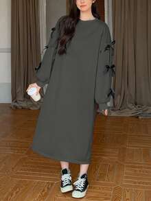 DAZY Áo nỉ có nơ trang trí mùa thu/đông cho nữ, váy midi - Màu xám đen - Xem 3