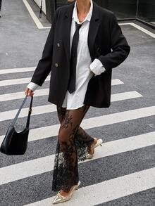 Siren Gaze 时尚女士网纱蕾丝拼接长裤，饰以花卉细节，飘逸高腰阔腿裤，别致黑色透视蕾丝裤，尽显女性魅力。 - 黑色 - 查看 1