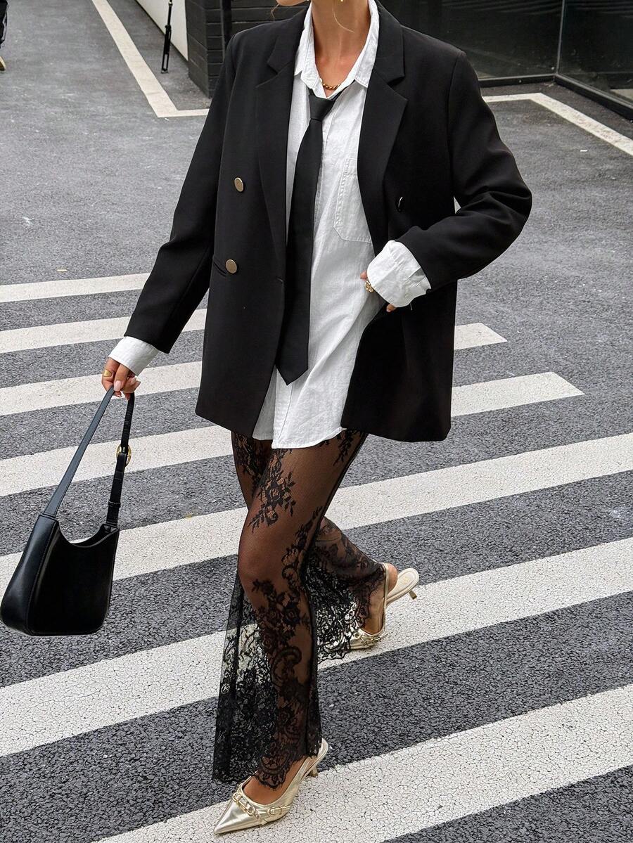 Siren Gaze 时尚女士网纱蕾丝拼接长裤，饰以花卉细节，飘逸高腰阔腿裤，别致黑色透视蕾丝裤，尽显女性魅力。 - 黑色 - 查看 1