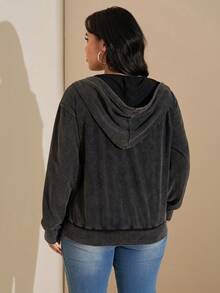 SHEIN Tall CURVE 大码女式开襟拉链水洗面料长袖卫衣，百搭黑色休闲套头衫，带口袋，适合秋冬季穿着。 - 黑色 - 查看 2