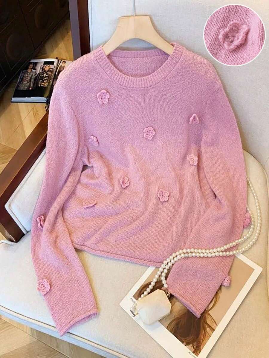 Franclia Pink Floral Autumn Cute Everyday Blogger-Style Chic 3D Crochet Loose Fit Crew Neck Sweater,European & American New Arrival Fall Winter Casual Commute - Pink - View 1