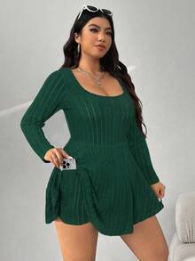 SHEIN EZwear 大码方领罗纹连体裤，橄榄绿 - 墨綠色 - 查看 5