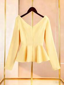 SHEIN LUNE Blouse élégante avec volants à l'épaule dénudée, style chic et luxueux léger, silhouette romantique ajustée de haute qualité, convient pour les sorties de printemps/automne - Jaune clair - Voir 2