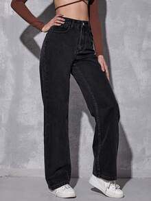 SHEIN EZwear High Waist Wide Leg Jeans - Black - View 3