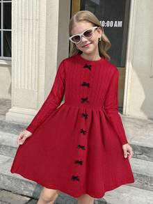 SHEIN 少女优雅圆领修身针织中长连衣裙，正面饰有撞色蝴蝶结，适合冬季穿着；纯红色长袖针织连衣裙 - 紅色 - 查看 8