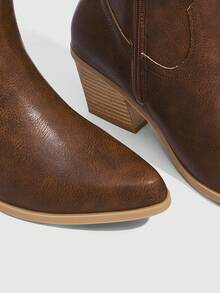 女式尖头粗跟西部一脚蹬靴，绒面革刺绣及膝马靴，秋冬适用 - 棕色 - 查看 8