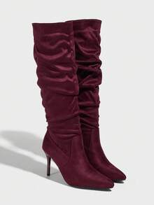 Daringsoles Women's Pointed Toe Stiletto Heel Sexy Party Over-The-Knee Boots, Suede Fabric Pull-On Pleated Wine Red, Autumn/Winter For Christmas - Burgundy - View 3