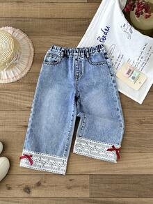 LMoss Kids Young Girl' Bow Trim Loose Fit Blue Denim Pants,Red 3D Bow, Fall Clothes,Winter Clothing , Casual And Fashionable Vacation Outfits,2000s Style  ,Christmas Clothing,Red Bow Denim Pants,Christmas Jeans,Vacation Bow Pants - Light Wash - View 9