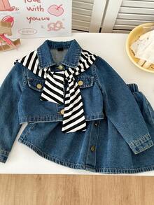 Genkimix Kids Jaket Denim Biru Vintage Kasual, Rok Mini Denim Model A-Line, dan Selendang Bergaris, Set 3 Potong Modis dengan Desain Gaya Kampus, Cocok untuk Gadis-Gadis Bergaya - Medium Wash - View 5