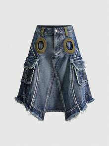ROMWE Avant Chân váy denim dáng chữ A phong cách Y2K cổ điển dành cho nữ có túi hộp - Màu xanh lam - Xem 1