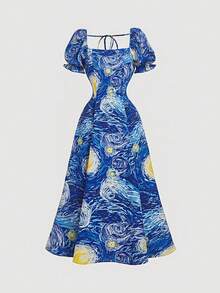 SHEIN MOD 1pc 女士梵高“星夜”印花蓝色连衣裙（不含白色内衬衬裙），复古宫廷风泡泡袖，艺术系列