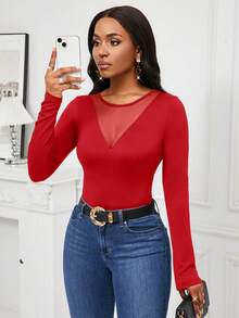 SHEIN Lady Áo thun tay dài phối lưới thanh lịch mùa thu dành cho nữ - Đỏ - Xem 5