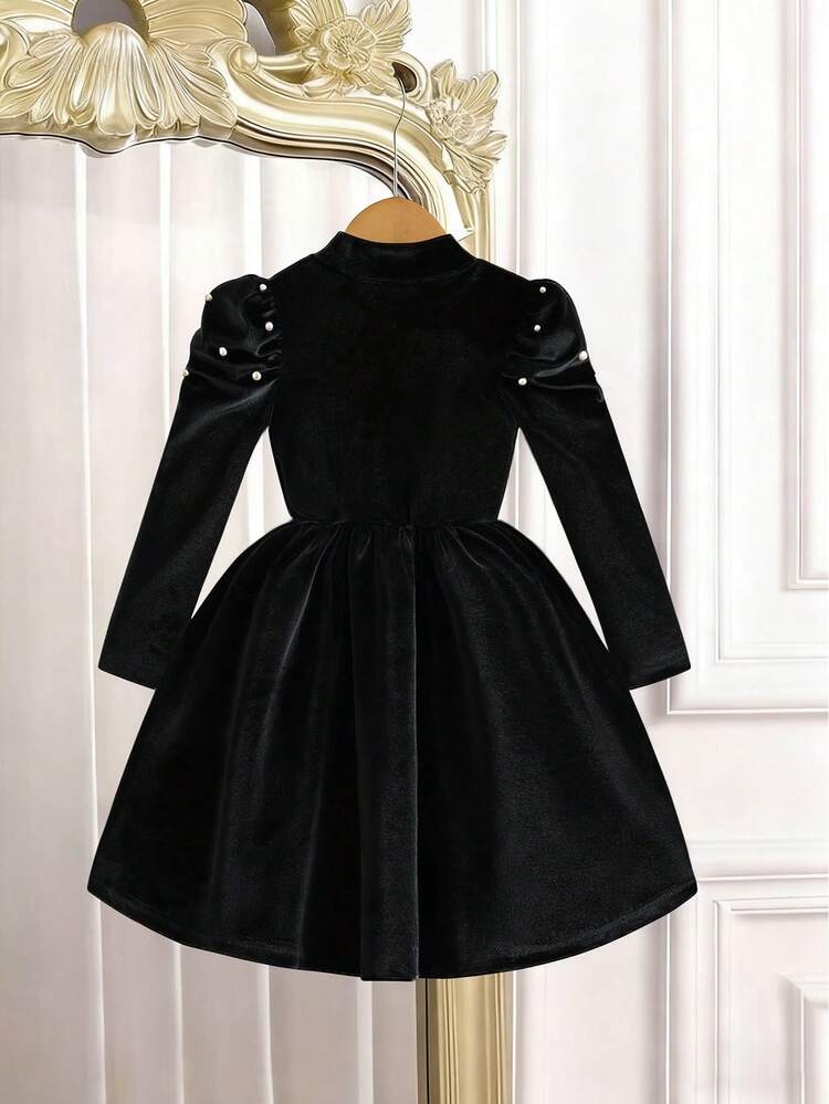 שמלה אלגנטית ונוחה בסגנון נסיכה עם שרוולים בועות וצווארון עגול של נערה צעירה, מתאימה לדייטים ומסיבות - שחור - ראה 2