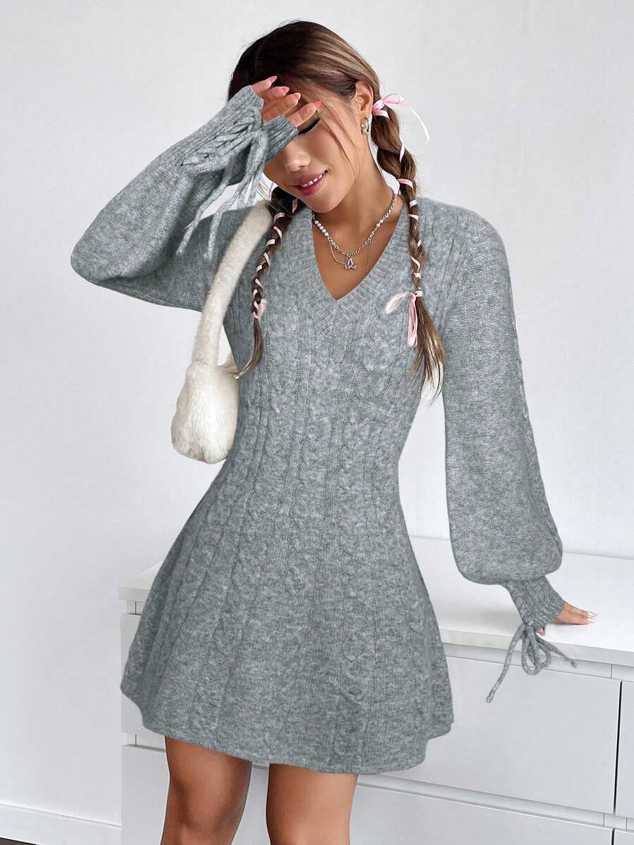 SHEIN EZwear 秋冬季绞花针织灯笼袖毛衣连衣裙 - 灰色 - 查看 1
