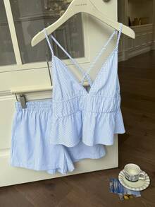 Muchica 大码女式条纹荷叶边吊带背心和短裤两件套 - 藍白色 - 查看 3
