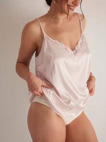 Freevana Plus Size Casual Versatile Striped Lace Patchwork Camisole Top Valentine's Day - Apricot - View 5