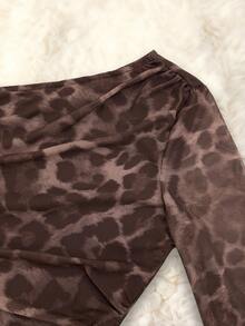 Franclia 女士时尚豹纹网纱露肩长袖上衣 - 棕色 - 查看 6