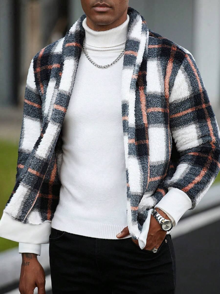 Manfinity CasualCool 男士成熟休闲INS热销衬衫外套。适合日常穿着，男士外套，适合圣诞节、新年假期、派对、晚宴、秋冬季男士都市保暖夹克，格子彩色长袖美式夹克，送给朋友、丈夫、男友的礼物 - 彩色 - 查看 1