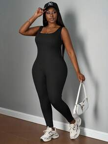 SHEIN PETITE CURVE Mono sin mangas elástico de punto talla grande - Negro - Ver 4
