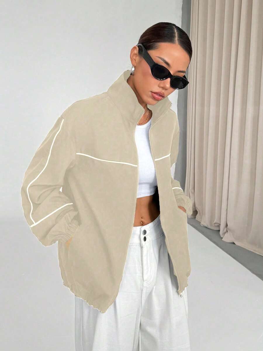 SHEIN Unity 白色拉链运动夹克，饰有条纹滚边 - 卡其色 - 查看 1