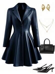 SHEIN Clasi 大码女式极简收腰中长款外套，适合通勤，秋冬季穿着 - 藏蓝色 - 查看 3