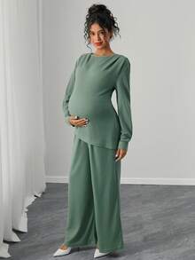Momance Maternity Solid Waffle Knit Ruched Side Asymmetrical Hem Tee & Wide Leg Pants Set - Green - View 5