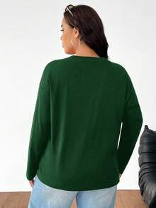 SHEIN EZwear 大码纯色简约日常圆领长袖T恤，橄榄绿 - 墨綠色 - 查看 2