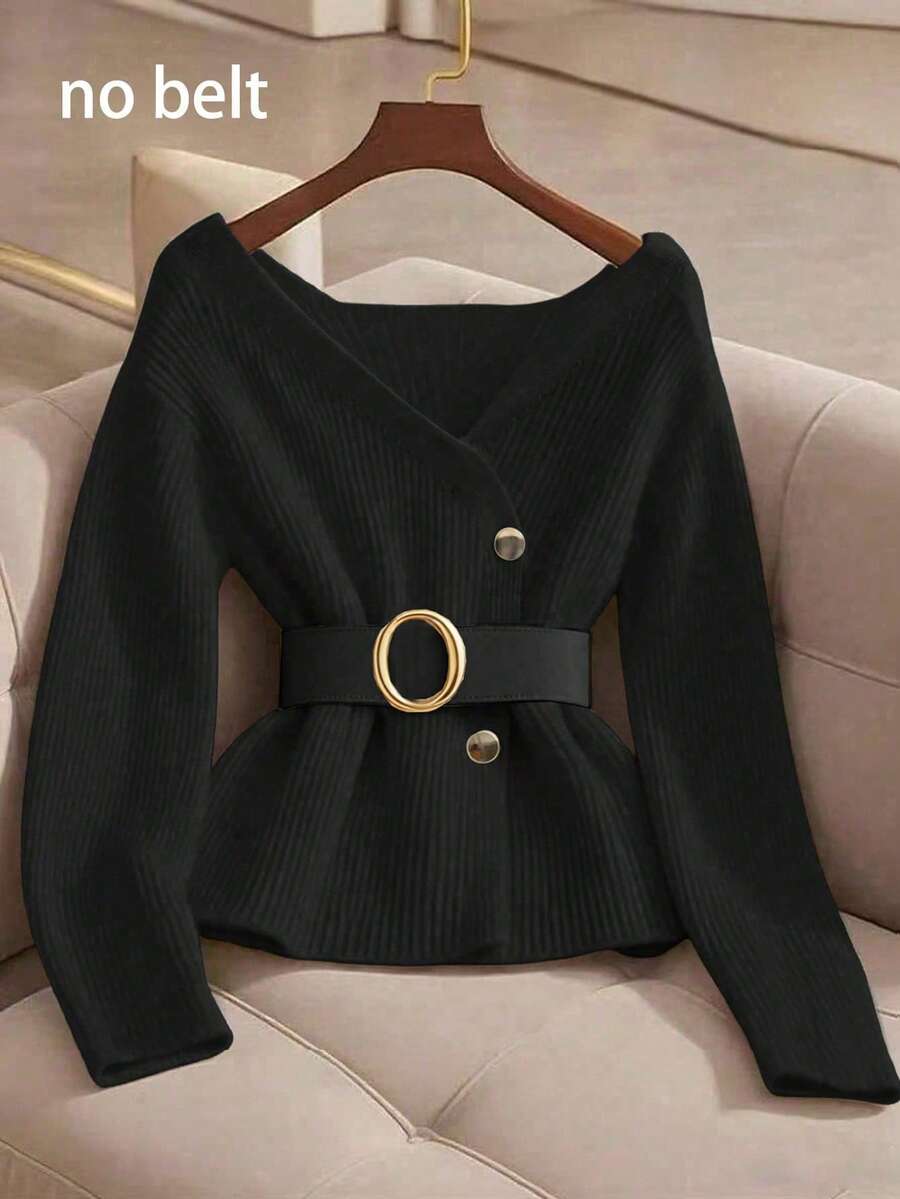 Franclia New Elegant V-Neck Design Solid Color Pullover Sweater For Women, Versatile For Autumn - Black - View 1