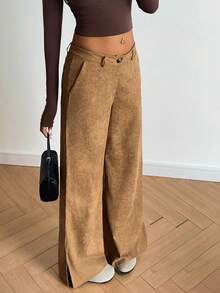 Flirla 女式休闲时尚灯芯绒高开叉宽松直腿及地长裤，秋冬款 - 卡其色 - 查看 6