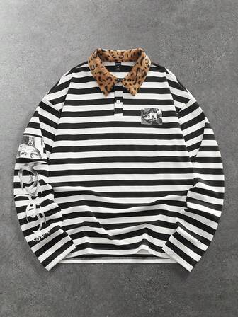 Street Life Maglietta a maniche lunghe da uomo con colletto polo, stampa a righe con lettere e numeri