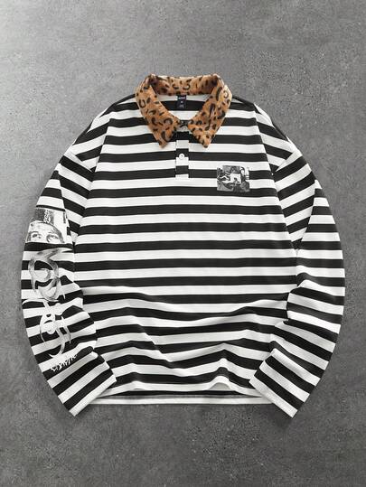 Street Life Maglietta a maniche lunghe da uomo con colletto polo, stampa a righe con lettere e numeri