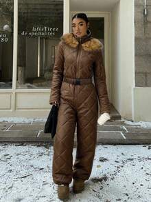 Muchica White Fuzzy Hat & Thick Jumpsuit For Women, Suitable For Playing In Snow In Autumn/Winter