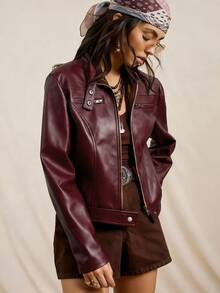 Easelle 女士纯色深咖啡色PU皮革拉链休闲夹克 - 酒紅色 - 查看 3