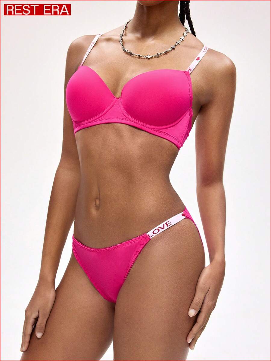 Rest Era 2件装钢圈模杯3/4罩杯提拉文胸套装，撞色字母弹力运动甜美可爱舒适半罩杯文胸，女士 - 玫紅色 - 查看 1