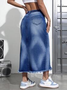 SHEIN SXY 大码休闲水洗做旧开衩牛仔裙 - 藍色 - 查看 2