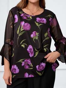 Miaspire 大码女式花卉印花网眼喇叭袖时尚衬衫 - 彩色 - 查看 3