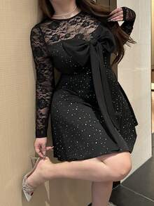 Vibekara 大码女式性感甜美紧身网纱蕾丝亮片拼接连衣裙 - 黑色 - 查看 3