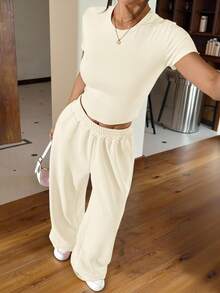 SHEIN EZwear 2 件套夏季灰色紧身短袖 T 恤和宽松运动裤，休闲装