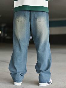 Devon Thys HEHCN 男士花卉印花口袋休闲宽松 Y2K 复古阔腿蓝色牛仔裤，Emo 风格 - 藍色 - 查看 2