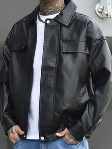 Devon Thys Men Flap Detail Zip Up PU Leather Jacket, For Fall Winter, Grunge - Black - View 6