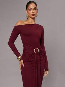 Silquee 女式纯色不对称领口褶饰优雅长袖连衣裙 - 酒紅色 - 查看 4
