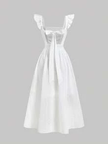 SHEIN MOD 白色镂空腰部夏季长裙、荷叶边袖、后领结、毕业礼服、派对礼服、夏季女式挤奶女工装、蝴蝶结连衣裙、波西米亚风连衣裙、长裙、沙滩裙、白色连衣裙、刺绣连衣裙、乡村音乐会连衣裙、早午餐连衣裙、白色长裙、早午餐连衣裙 - 白色 - 查看 2