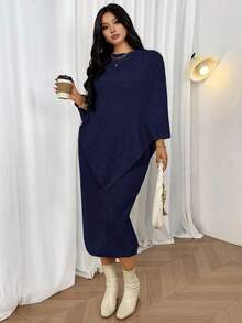 Firerie Set de 2 piezas Suéter estilo poncho y vestido recto de cuello en V para mujer de talla grande, adecuado para el Día de San Valentín, conciertos, actuaciones, citas, cenas formales, galas, bodas, sexy, elegante, para ir al trabajo, vuelta al colegio, vacaciones, playa, romántico, para oficinista, estilo de sirena, fiesta de cumpleaños. Vestido de suéter de manga de murciélago, vestido elegante de dos piezas de manga larga cómodo para otoño/invierno - Azul Marino - Ver 2